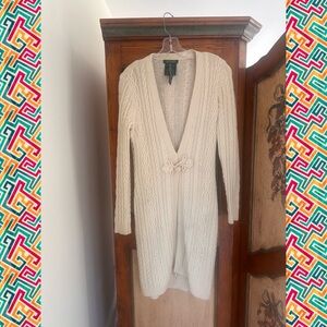 Lauren Ralph Lauren Cream Cable Knit Long Cardigan with Front Knot